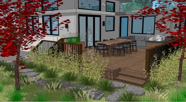 Fresh New Year! Fresh Ideas for Your Garden! - Art Garden Design https://artgardendesign.net/wp-content/uploads/01-jan.webp 2 A 3D-rendered landscape design of a modern backyard featuring a wooden deck with an outdoor dining table and seating area. Surrounding the deck are lush ornamental grasses, stone steps leading through the garden, and red-leafed trees framing the space. Transparent human figures are included to illustrate scale and functionality.